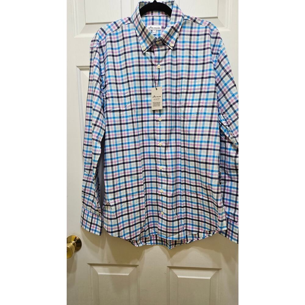 Peter Millar Blue and Pink Plaid Button Down Shirt